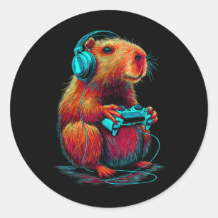 Sticker Rond Capyra de jeu vidéo rétro drôle de rongeur d'anima