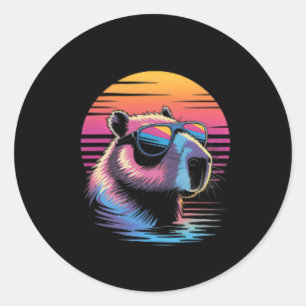 Sticker Rond Capyra Mignon Animal Rétro Vacances d'Été Plage 