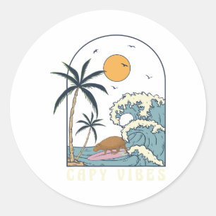 Sticker Rond Capyra Surfant à la Plage Coucher de Soleil Été Su