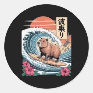 Sticker Rond Capyra Surfant Grande Vague Tropical Coucher de so