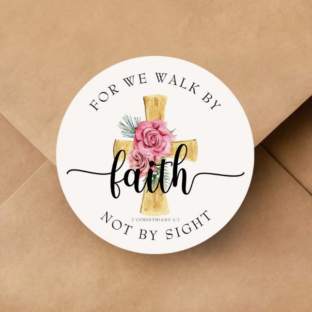 Sticker Rond Car Nous Marchons Par Foi / Croix Florale Chrétien (For We Walk By Faith / Floral Cross Christian Classic Round Sticker)