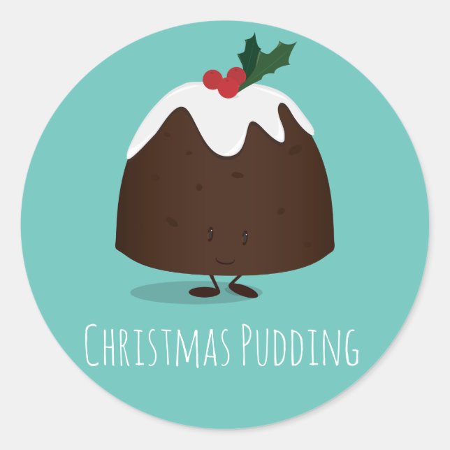 Sticker Rond Caractère de dessin Turquoise de Noël Pudding (Devant)