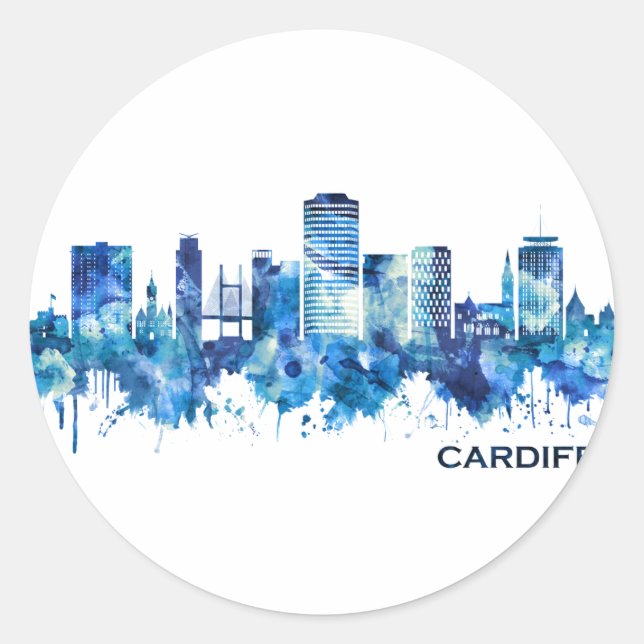 Sticker Rond Cardiff Wales Skyline Blue (Devant)
