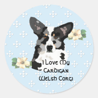 Sticker Rond Cardigan Welsh Corgi, bleu avec diamants blancs