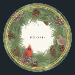 Sticker Rond Cardinal Christmas Wreath Pine Cones Tags cadeaux<br><div class="desc">Vous pouvez personnaliser ces Stickers de Tag Cadeau de Noël quand vous voulez - nous avons mis à : et de : Vous pouvez ajouter votre nom sous De ou laisser en blanc pour personnaliser sur chaque paquet. Nous vous recommandons la taille de 3 pouces car les cercles plus petits...</div>