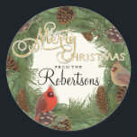 Sticker Rond Cardinal Christmas Wreath Script Gold Tags cadeaux<br><div class="desc">Vous pouvez personnaliser ces Stickers Gift Tag de Noël de toute façon - nous avons mis "from the Robertsons" Vous pouvez changer chaque ligne de texte en utilisant le champ modèle que nous avons fourni. Nous vous recommandons la taille de 3 pouces car les cercles plus petits sont VRAIMENT petits...</div>