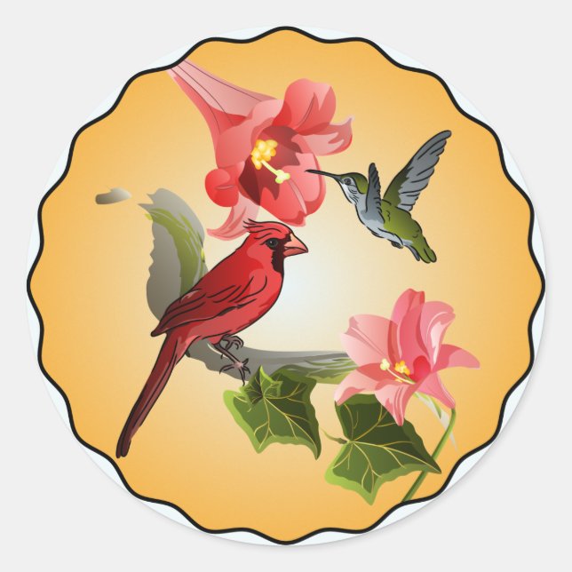 Sticker Rond Cardinal & Colibri avec Lys roses ronds (Devant)