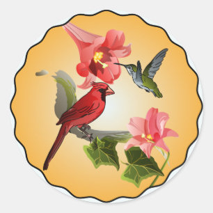 Sticker Rond Cardinal & Colibri avec Lys roses ronds