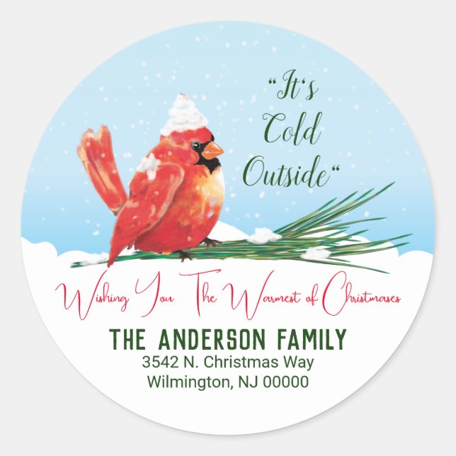 Sticker Rond Cardinal dans la neige Noël Vacances (Devant)