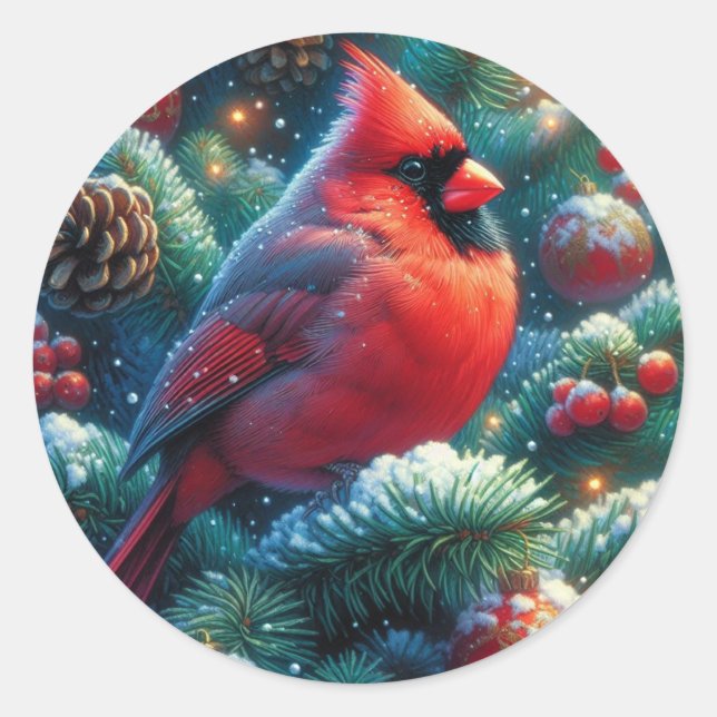 Sticker Rond Cardinal de Noël/hiver (Devant)