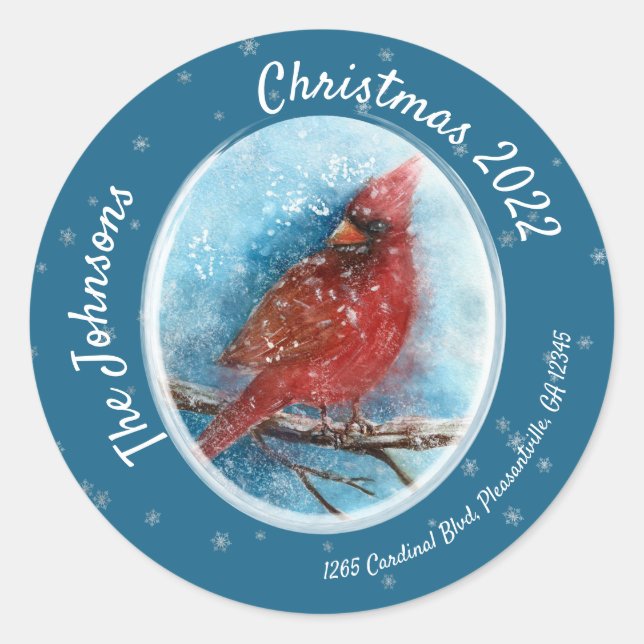 Sticker Rond Cardinal de Noël Snowflakes Adresse de retour (Devant)