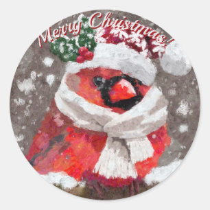 Sticker Rond Cardinal Oiseau Écharpe Chapeau Neige Vacances