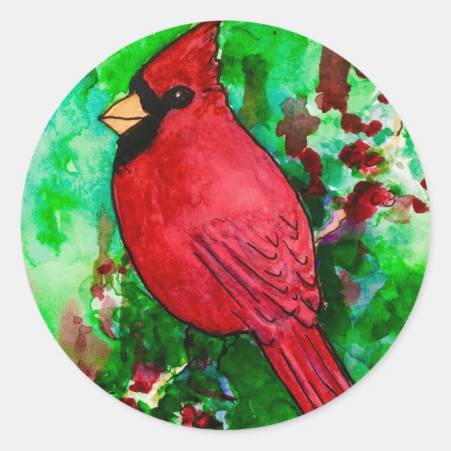 Sticker Rond Cardinal Red Bird Green Forest Aquarelle Peinture (Devant)
