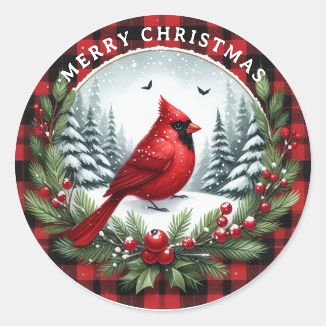 Sticker Rond Cardinal rouge avec baies de houx (Devant)
