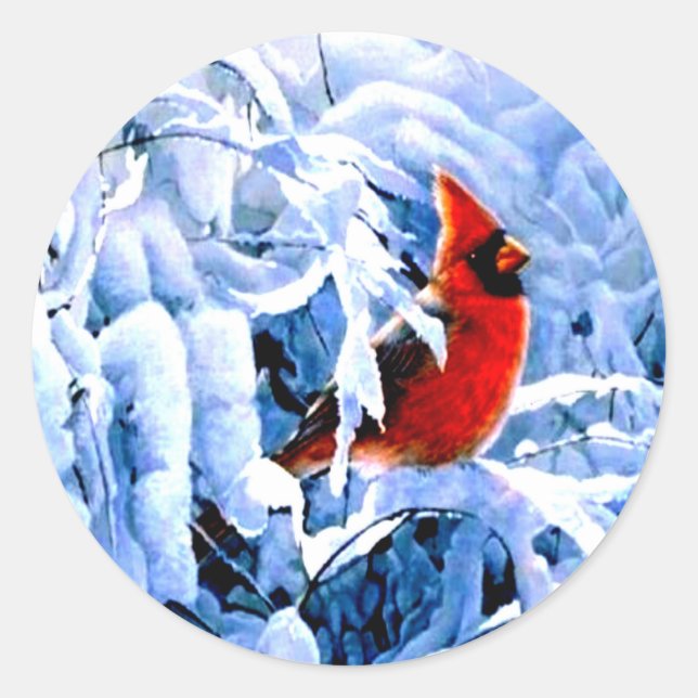 Sticker Rond Cardinal Rouge dans la neige d'hiver (Devant)