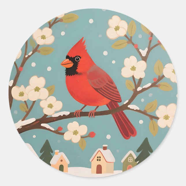 Sticker Rond Cardinal rouge sur branche d'hiver (Devant)