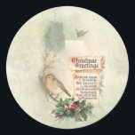 Sticker Rond Cardinal Vintage sur Holly Branch<br><div class="desc">Salutations de Noël sucrées en vieux script anglais sur parchemin roulé,  cardinal mignon sur branche sainte et clocher d'église au loin sur doux tourbillonnant sauge vert et arrière - plan beige.</div>