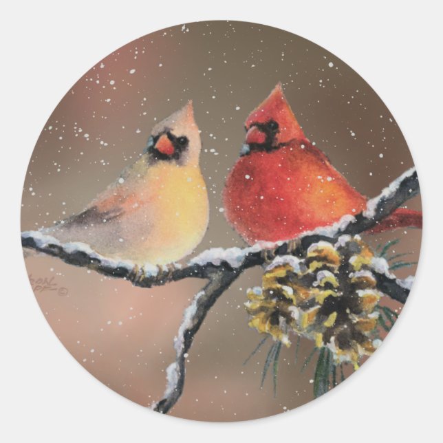Sticker Rond CARDINALS dans la NEIGE par SHARON SHARPE (Devant)