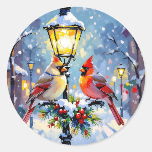 Sticker Rond Cardinaux de Noël et Lampadaire enneigé