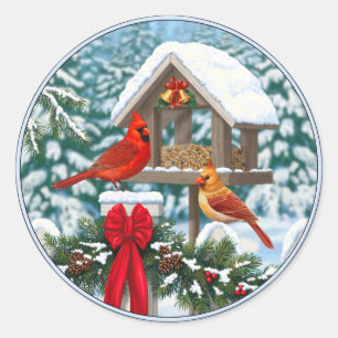 Sticker Rond Cardinaux et mangeoire de Noël