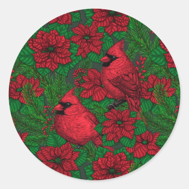 Sticker Rond Cardinaux et poinsettia pour Noël (Devant)
