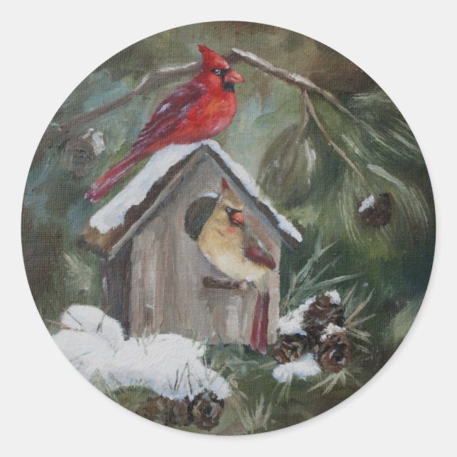 Sticker Rond Cardinaux sur Birdhouse (Devant)