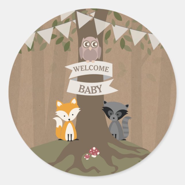Sticker Rond Cardstock Inspiré Baby shower boisé Neutre (Devant)