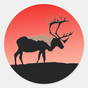Sticker Rond Caribou au coucher du soleil - Art original de la