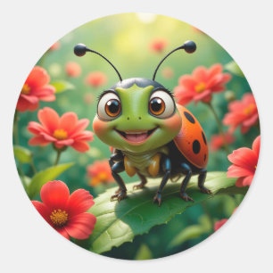 Sticker Rond Caricature adorable Ladybug sur une feuille