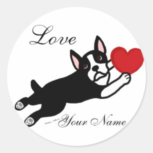 Sticker Rond Caricature Boston Terrier & Red Heart