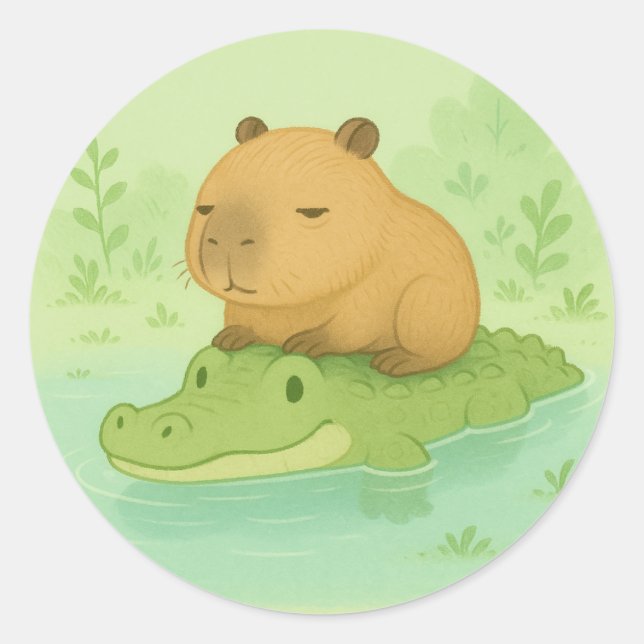 Sticker Rond Caricature cadeau mignon Capybara sur Crocodile Ve (Devant)