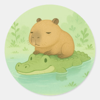 Sticker Rond Caricature cadeau mignon Capybara sur Crocodile Ve