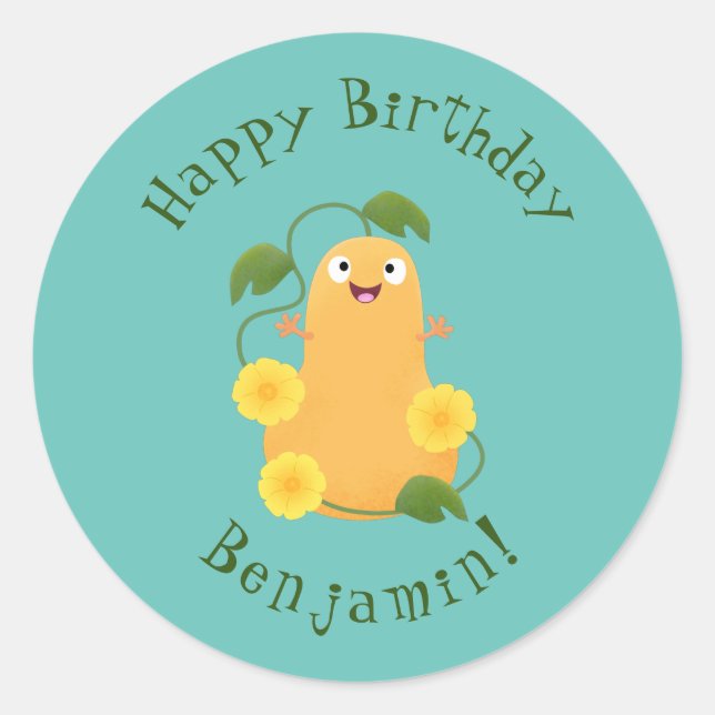 Sticker Rond Caricature citrouille gourde en beuret joyeux (Devant)