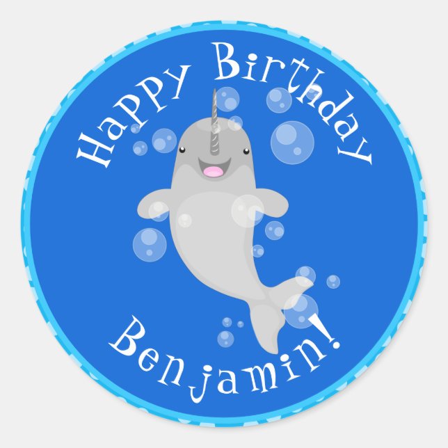 Sticker Rond Caricature de bulles de narval joyeux (Devant)