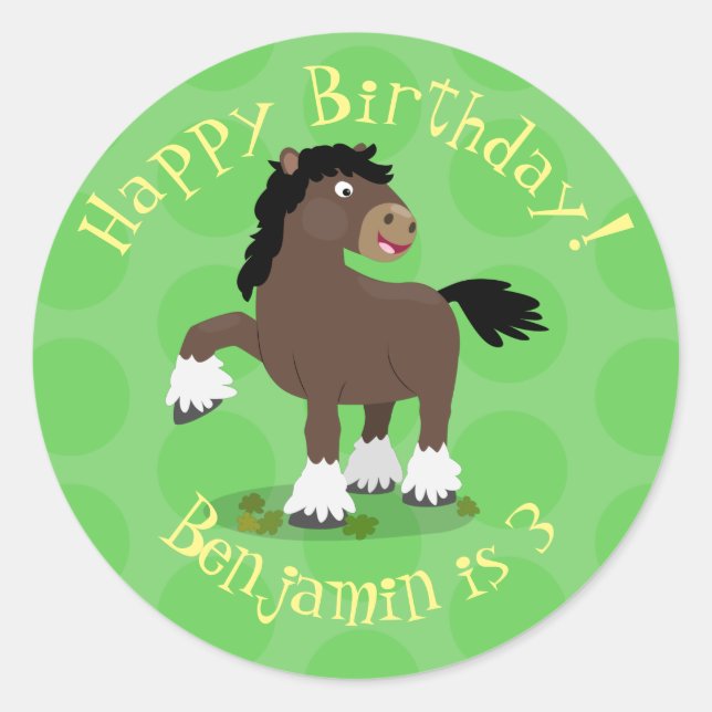 Sticker Rond Caricature de cheval de trait de Cute Clydesdale (Devant)