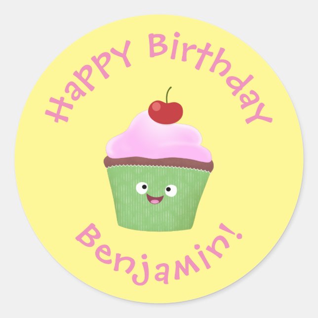 Sticker Rond Caricature de cupcake joyeux (Devant)
