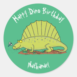 Sticker Rond Caricature de Dimetrodon pour dinosaure vert