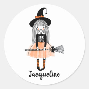 Sticker Rond Caricature de fille sorcière balai casquette noeud