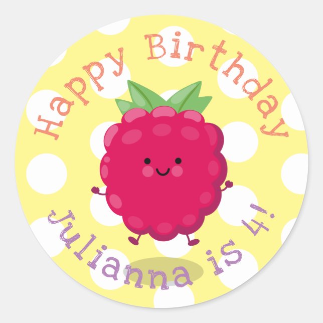Sticker Rond Caricature de framboise très heureuse (Devant)