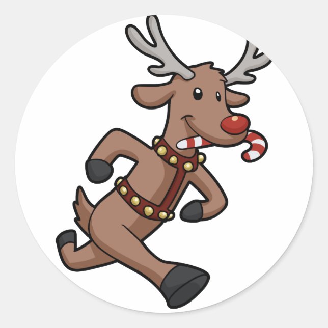Sticker Rond Caricature de Happy Reindeer Runs | choisir la cou (Devant)