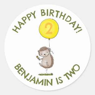 Sticker Rond Caricature de hérisson mignon anniversaire personn