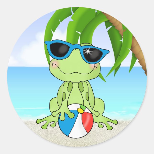 Sticker Rond Caricature de la grenouille Summer Beach (Devant)