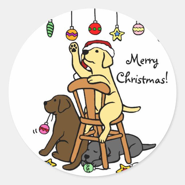 Sticker Rond Caricature de labradors et ornements de Noël (Devant)