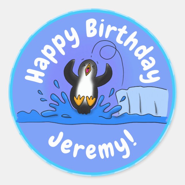 Sticker Rond Caricature de manchot joyeux sautant (Devant)