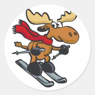 Sticker Rond Caricature de Moose Skier  choisir la couleur arri