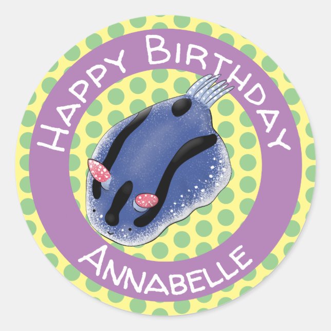 Sticker Rond Caricature de nudibranche bleu mignon (Devant)