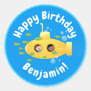 Sticker Rond Caricature de poisson sous-marin jaune mignon
