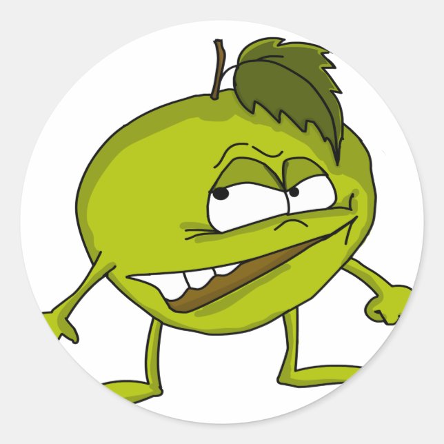 Sticker Rond Caricature de pomme verte avec un sourire vicieux (Devant)