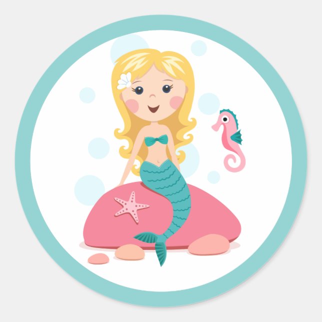 Sticker Rond Caricature de sirène blonde fille avec hippocampe  (Devant)