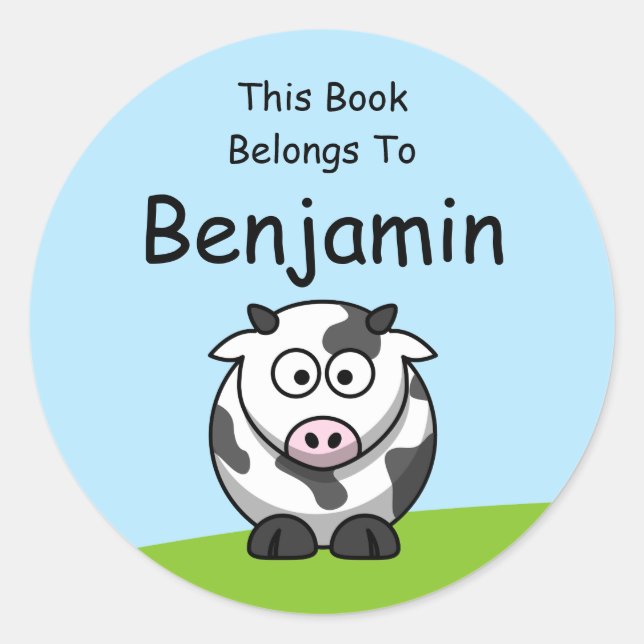 Sticker Rond Caricature De Vache Cute Ce Livre Appartient À (Devant)